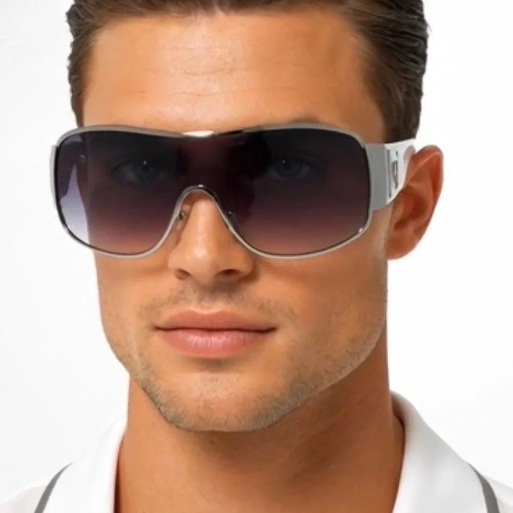 Men Shield Sunglasses Silver White Wrap Oversize Smoke Gradient Lens Performance